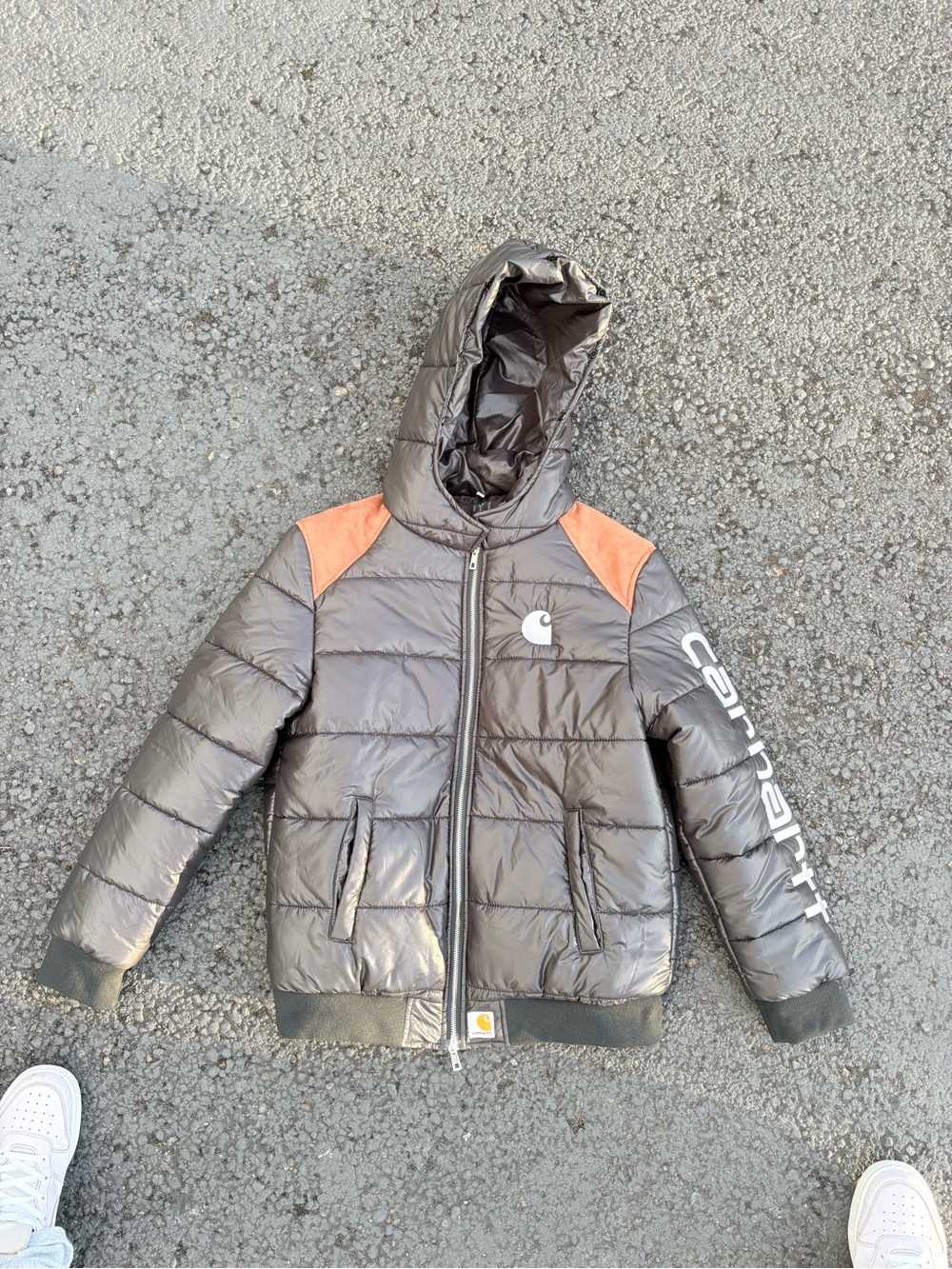 Carhartt adult Hooded Puffer Jacket in Gray with Orange Accents